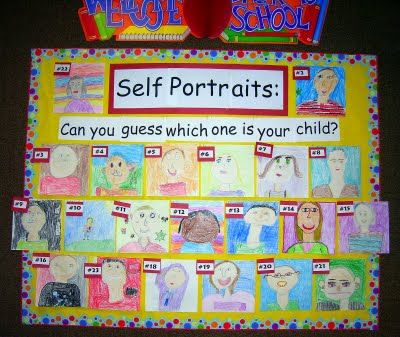 Self Portraits Bulletin Board: Display at Back to School Night and have parents try and guess which one is their child! Curriculum Night, Classe D'art, School Open House, Back To School Night, Teacher Conferences, Parent Teacher Conferences, School Night, School Opening, Ecole Art