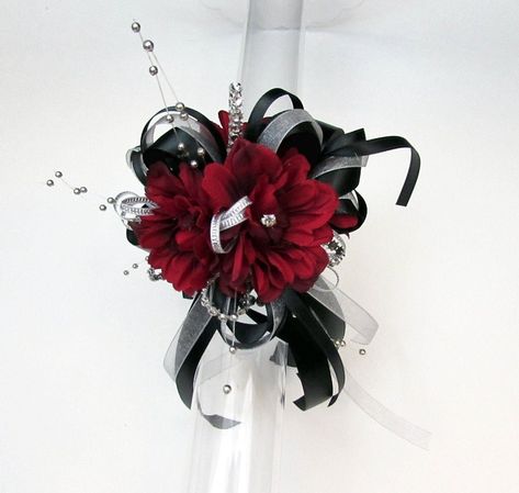 Black and Red Wrist Corsage With Rhinestones | Etsy Red Wrist Corsage, Red Corsages, Dance Flowers, Black Corsage, Prom Flowers Corsage, Sunflower Bridal Bouquet, Homecoming Flowers, Homecoming Corsage, Prom Corsage And Boutonniere