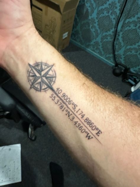 Tattoos Of Coordinates, Coordinate Tattoo Ideas Men, Latitude And Longitude Tattoo, Coordinates Tattoo Men, Latitude Longitude Tattoo, Gps Coordinates Tattoo, Determination Tattoo, Coordinates Tattoo, Arm Tats