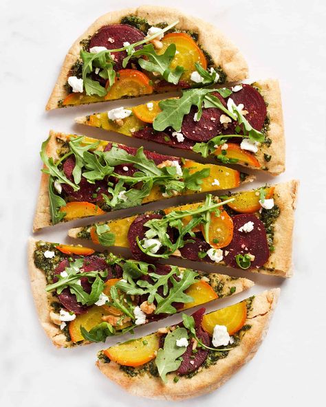 Roasted Beet Flatbread with Goat Cheese and Arugula | Last Ingredient Goats Cheese Flatbread, Beet And Goat Cheese, Fresh Beets, Green Pesto, Beet Greens, Roasted Beets, Flatbread, Arugula, Goat Cheese