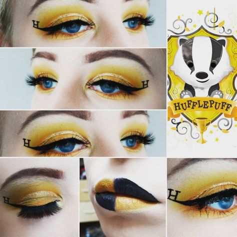 #hufflepuff #hufflepuffmakeup #hufflepuffhouse #harrypotter #harrypottermakeup #harrypotterhufflepuff #yellow #hufflepuffinspiration Hufflepuff Makeup Eyes, Hufflepuff Eye Makeup, Harry Potter Makeup Looks Hufflepuff, Hufflepuff Makeup Looks, Hufflepuff Halloween Costume, Hufflepuff Nails, Hufflepuff Makeup, Maquillage Harry Potter, Hogwarts Oc