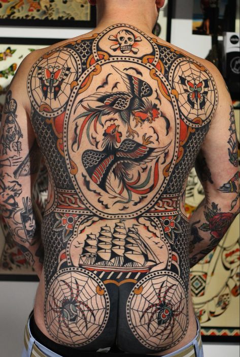 #traditional #oldschool #frames #tattoo American Traditional Backpiece, American Trad Back Piece, Tattoo Full Back Design, American Traditional Tattoos Backpiece, American Trad Back Tattoo, Traditional Tattoos Backpiece, Trad Back Tattoo, Traditional Backpiece Tattoo, European Traditional Tattoo