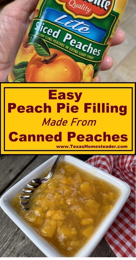 I needed pie filling for a dessert, but I only had canned peaches in my pantry. Thankfully it's super easy (and fast) to make canned peaches into pie filling. #TexasHomesteader Canned Peach Pie Recipes Easy, Canned Peaches Pie Recipes, How To Make Peach Pie Filling From Canned Peaches, Peach Pie Filling With Canned Peaches, Pie Filling From Canned Peaches, Canned Peach Pie Filling Recipes Easy, Peach Pie Filling From Canned Peaches, Canned Peach Pie Recipes, Canned Peach Pie Filling Recipes