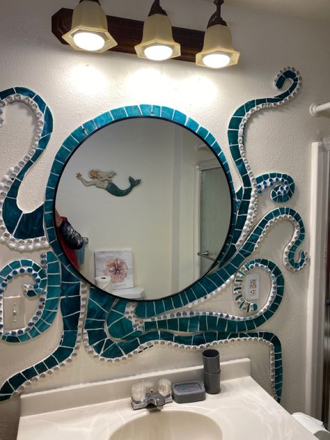 Octopus Bathroom Mirror, Ocean Home Interior Design, Dark Ocean Themed Bathroom, Mermaid Aesthetic Room Decor, Gothic Beach Decor, Ocean Theme House, Ocean Bathroom Aesthetic, Underwater Bathroom Theme, Beach Condo Bathroom