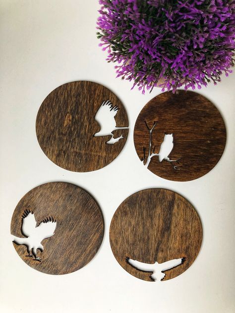 "Laser Cut Wildlife Birch Stained Coasters (American Walnut Stain) These coasters are a perfect gift for friends and family for any occasion such as birthdays, weddings, showers, anniversaries, housewarming etc.  Details: *Canadian Birch Wood with unique woodgrain *Perfectly sized for any mug / beer can / glassware *Laser engraving is permanent  *Finished with a matte finish varnish for added protection  Size: *Round - Approximately 4\" (10cm) in diameter *0.16 inches thick (4mm) Care Instructions:  *All wood coasters are sealed with a waterproof stain. They can be cleaned with a damp cloth.  Please contact us if you want a personalized set or have a unique idea. We will work directly with you, provide options, and create your laser engraved masterpiece!" American Walnut Stain, Laser Cut Coaster, Wood Laser Ideas, Laser Cut Decor, Laser Engraved Ideas, Unique Coasters, Beer Coasters, Laser Engraved Wood, Slate Coasters