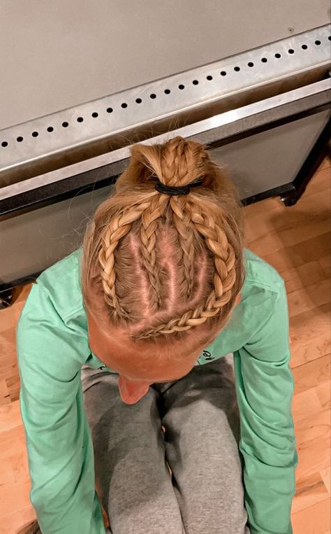 Cool Dutch Braids, Braided Updo Sports, Dutch Braid Hairstyles For Softball, Tiny Dutch Braids, Fun Dutch Braids, 4 Dutch Braids Into Ponytail, Softball Cornrows, Sports Hairstyles Braids, Cool Dutch Braids Hairstyles