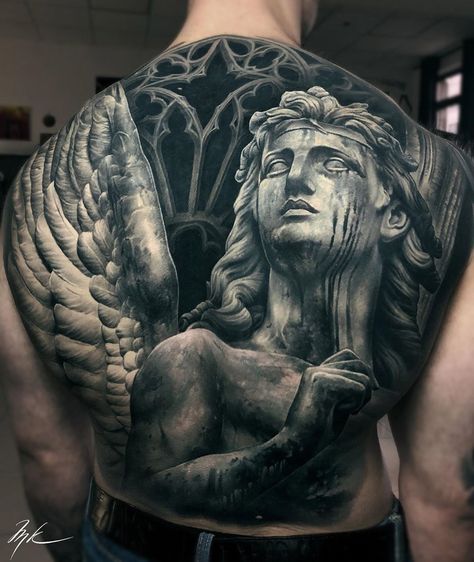 Angel Statue and church windows cover up piece by Mihail Kogut, an artist based in Moscow. Angel Statue Tattoo Design, Angel Statue Tattoo, Statue Tattoo Design, Roman Statue Tattoo, Tattoo Ideas Back, Church Tattoo, Backpiece Tattoo, Gothic Angel, Statue Tattoo