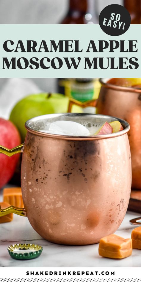 A fall twist on the classic Moscow Mule, this Caramel Apple Moscow Mule recipe is one you will mix up all season long. It is simple, refreshing, and made with only four ingredients. Apple Moscow Mule, Apple Cider Moscow Mule, Moscow Mule Drink, Thanksgiving Cocktail Recipes, Moscow Mules, Caramel Vodka, Moscow Mule Recipe, Mule Cocktail, Mule Recipe