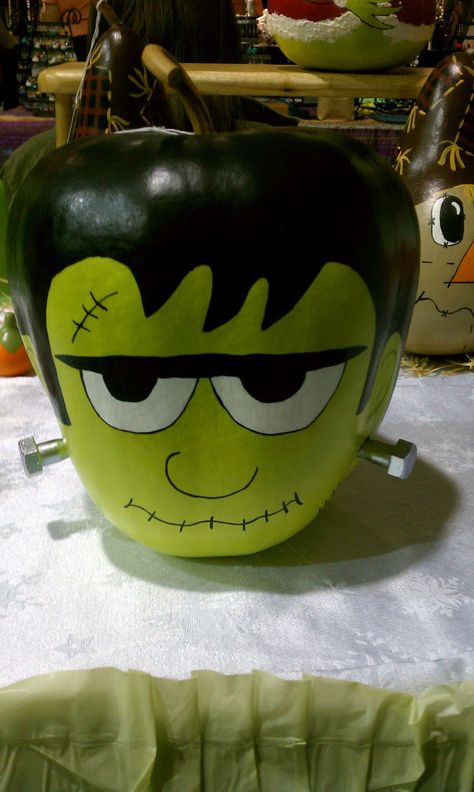 . Painted Frankenstein Pumpkin, Frankenstein Painted Pumpkins, Pumpkin Painting Frankenstein, Character Painted Pumpkins, Pumpkin Painting Ideas Frankenstein, Frankenstein Pumpkin Painting, Halloween Pumpkin Painting Ideas, Disney Pumpkin Painting, Gourd Painting