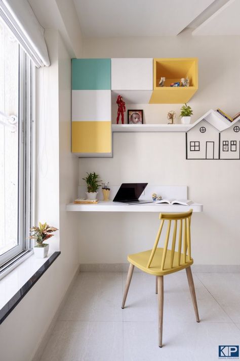 3BHK Apartment Revels A Strong Blend Of Colours And Twists | Kreon Projects - The Architects Diary Bedside Study Table Ideas, Kids Room Study Table Design, Laptop Table Design, Kids Study Room Ideas, Architect Diary, Small Study Area, Study Table For Kids, Colourful Furniture, Wooden Study Table