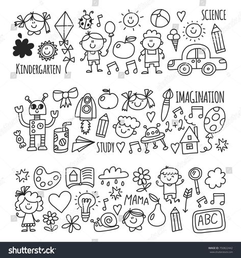 Icons Doodle, Calendar Doodles, Banner Doodle, Doodle Icons, Baby Scrapbook Pages, Kids Doodles, Happy Students, School Kindergarten, Happy Children