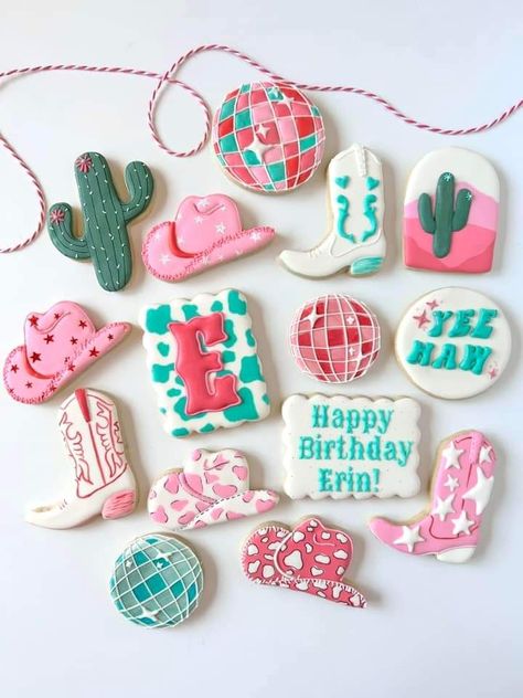 Cowgirl Cookies Birthday, Disco Rodeo Cake, Cowgirl Party Treats, Pink Cowgirl Cookies, Cowgirl Rodeo Birthday Party, First Rodeo Birthday Party Girl Cake, Lainey Wilson Birthday Party, Western Birthday Cookies, Cowgirl Cake Pops