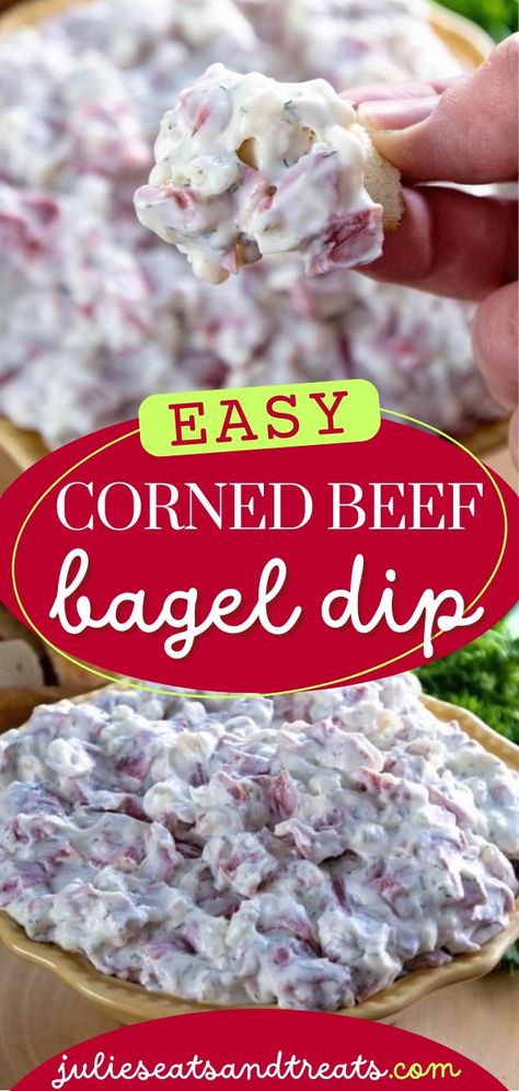 Make hosting fun with this Corned Beef Bagel Dip! This quick and easy appetizer recipe is perfect for entertaining! Add this homemade dip to your Gameday recipes or easy Thanksgiving appetizers! Bagel Dip Recipe Corn Beef, Corned Beef Bagel Dip, Dip For Football Party, Budding Beef Dip, Corned Beef Appetizer Recipes, Bagel Dip Dried Beef, Bagel Dips, Corn Beef Dip, Quick Superbowl Snacks