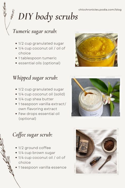 Discover simple and natural DIY body scrubs with these easy recipes! Learn how to make tumeric sugar scrub, whipped sugar scrub, and coffee sugar scrub at home. Perfect for glowing, exfoliated skin using ingredients like coconut oil, shea butter, and essential oils. Get the full guide at chicchronicles.podia.com/blog Diy Creamy Body Scrub, Homemade Turmeric Body Scrub, Glow Sugar Scrub Diy, Lemon Tumeric Scrub Diy, Diy Body Scrubs For Skin Lightening, Diy Natural Face Scrub, How To Make Vanilla Body Scrub, Natural Skin Care Recipes Simple, Coffee Body Scrub Diy Coconut Oil