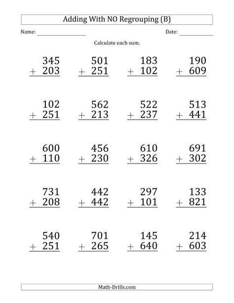 The Large Print 3-Digit Plus 3-Digit Addition with NO Regrouping (B) Math Worksheet Maths Sums For Class 4, Addition 3 Digits With Regrouping, Maths Questions For Class 3, Addition No Regrouping, Addition Regrouping, 3 Digit Addition With Regrouping, Addition With Regrouping Worksheets, Maths Sums, Free Addition Worksheets