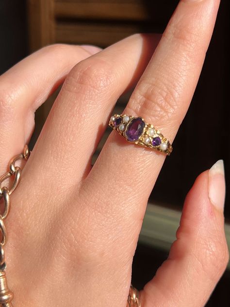 1964 Victorian Revival Amethyst and Pearl Band – Curio Incorporated Victorian Engagement Rings, Cute Engagement Rings, Pearl Rings, Victorian Revival, Hippie Clothes, Victorian Period, Victorian Rings, Gem Ring, Funky Jewelry