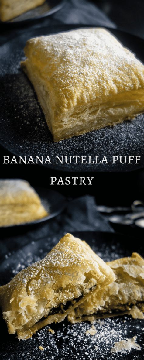 Filled with creamy Nutella, sweet, ripe bananas and baked until the puff pastry is browned and warm and gooey on the inside, these Banana Nutella Pastries are super easy to make with only 3 ingredients AND, they take less than 20 minutes from start to finish.  nutella puff pastry | nutella pastries | banana pastries | puff pastry desserts | 3 ingredients desserts | banana desserts | nutella desserts | banana nutella puff pastry | banana nutella hand pies | banana nutella hot pockets Nutella Casserole, Banana Nutella Puff Pastry, Nutella Stuffed Puff Pastry, Nutella Banana Boats, Banana Puff Pastry Dessert, Puff Pastry Recipes Nutella, Puff Pastry Nutella Recipes, Banana Pastries, Puff Pastry Banana