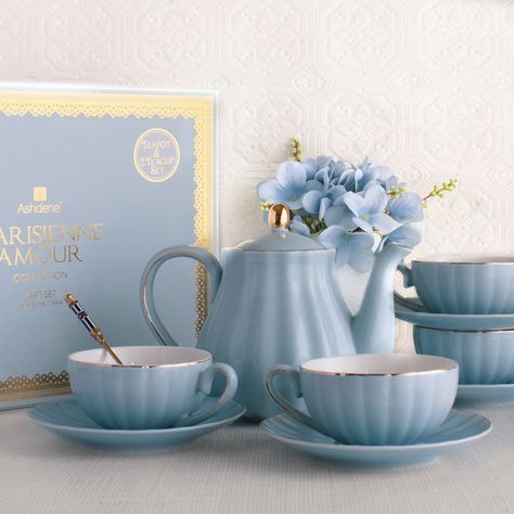 Rustic Tea Set, Yea Sets, Tea Set Aesthetic, Blue Tea Set, Teapot And Cup, Cute Tea Cups, Crockery Design, Tea Service Set, Blue Tea Cup