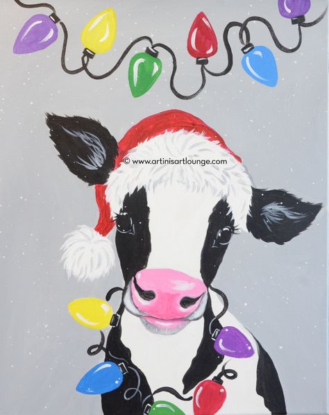 ARTini's Art Lounge Cow Christmas Paintings On Canvas, Holiday Canvas Painting Ideas Christmas, Funny Christmas Painting Ideas, Paint Night Ideas Christmas, Christmas Paintings On Canvas Aesthetic, Santa Paintings On Canvas Easy, Cute Christmas Canvas Paintings Easy, Holiday Painting Ideas On Canvas, Cow Christmas Painting