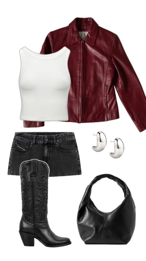 Dress And Leather Jacket Outfit, Red And Black Concert Outfit, Black Concert Outfit, Dress And Leather Jacket, Valentines Outfit, Leather Jacket Outfit, Clubbing Outfits, Leather Jacket Outfits, Jacket Outfit