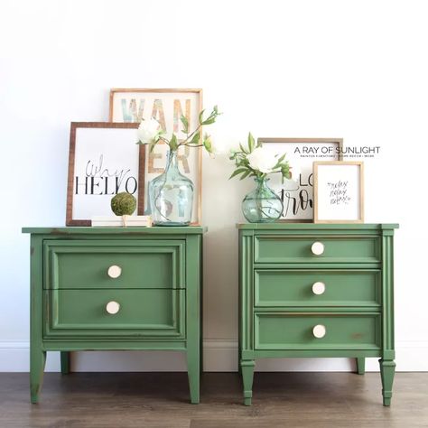 Mismatched Nightstands, Green Nightstands, Nightstand Makeover, Farmhouse Nightstand, Diy Furniture Flip, Matching Nightstands, Bedroom Furniture Makeover, Furniture Flip, Duluth Mn