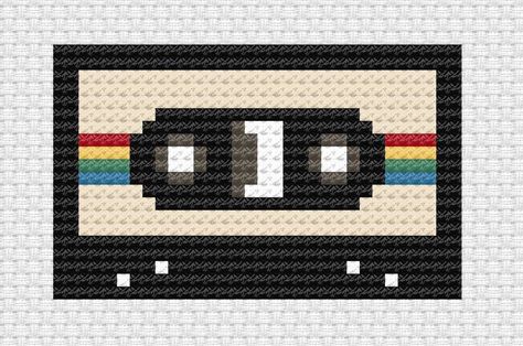 Pixel Art Ideas Cassette Tape Cross Stitch, Emo Cross Stitch, Retro Perler Bead Patterns, Musical Cross Stitch, Rave Crafts, Retro Cross Stitch, Retro Pixel Art, Retro Cassette, Perler Bead Templates