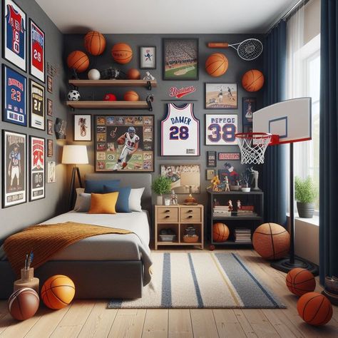 Basketball Themed Bedroom, Jordan Wall, Sports Room Boys, Basketball Bedroom, Basketball Room, Teenage Boy Room, Sport Bedroom, Boys Bedroom Makeover, Big Boy Bedrooms