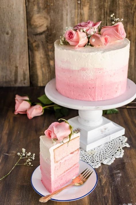 Strawberry Pink Ombre Cake - Oh Sweet Basil Pink Ombre Cake, Diy Dessert, Oh Sweet Basil, Baby Shower Cakes Girl, Homemade Frosting, Ombre Cake, Strawberry Pink, Sweet Basil, Pink Cake