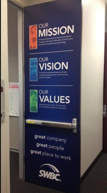 Mission, Vision, and Values door signage. Digital Marketing Wallpaper Backgrounds, Office Door Signage Design, Mission Vision Values Design Wall, Marketing Office Ideas, School Admin Office Design, Vision Mission Values Design, Mission Vision Values Design Poster, Mission Vision Poster, Mission Vision Design