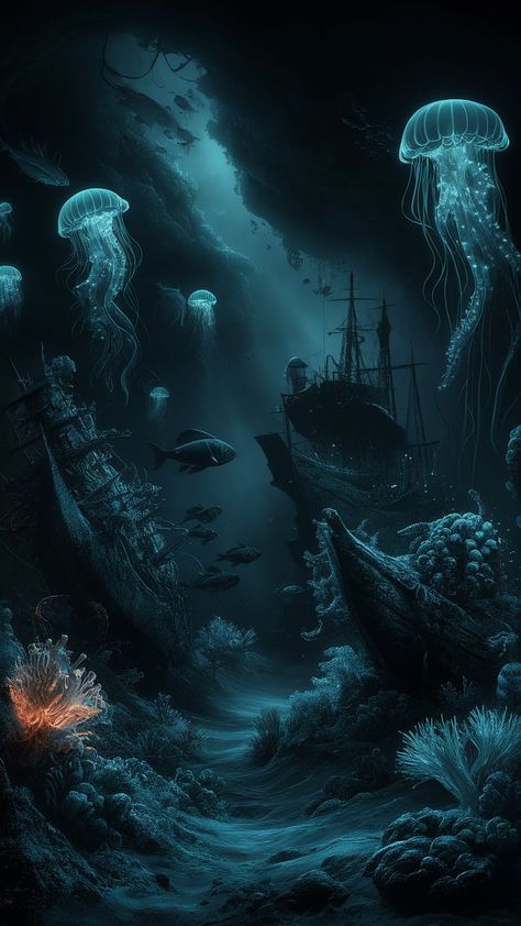 Immerse yourself in the haunting beauty of the deep sea with our dark-themed ocean wallpaper. This ethereal underwater scene is bathed in moody, deep blue hues, where the ocean depths merge into an almost-black, mysterious abyss. Marvel at the illuminated jellyfish with their trailing luminescent tentacles, ghostly shipwrecks encrusted with barnacles, and shadowy schools of fish darting through the scene. The ocean floor reveals its complex texture with scattered corals, seaweed, and hints of lost treasures. Soft, bioluminescent glows from diverse sea creatures and plants cast an eerie, magical light, contrasting magnificently against the pitch-dark surroundings. Experience a visual journey that evokes mystery, wonder, and the haunting allure of the deep sea. Dark Underwater Fantasy Art, Deep Waters Aesthetic, Underwater Dark Aesthetic, Underwater Plants Art, Bioluminescent Sea Creatures, Deep Sea Coral, Underwater Bioluminescent, Dark Sea Aesthetic Wallpaper, Deep Sea Moodboard