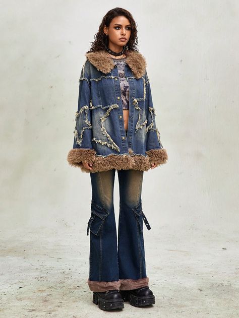 Women's Autumn/Winter Fur Collar Patchwork Five-Pointed Star Fringe Denim Jacket Dark Wash Casual  Long Sleeve Denim Colorblock Other Non-Stretch  Women Clothing, size features are:Bust: ,Length: ,Sleeve Length: Embroidered Coats For Women, Upcycle Winter Clothes, Denim Jacket Painting, Denim Fur Jacket, Patchwork Jackets For Women, Bohemian Style Winter, Fringe Denim Jacket, Long Denim Coat, Winter Jacke