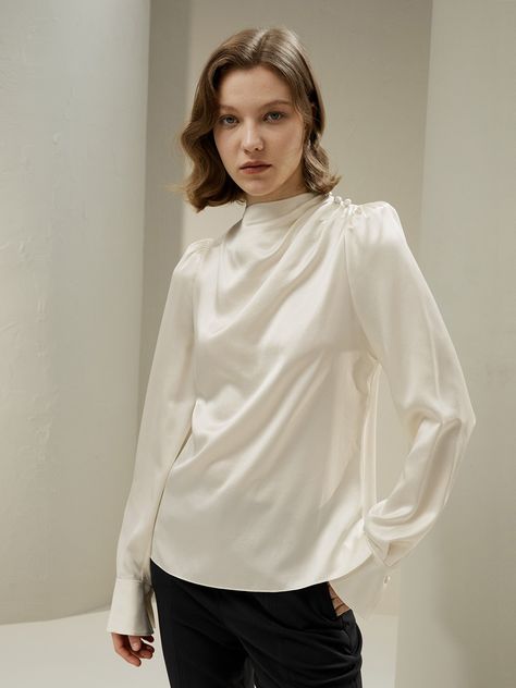 2023 Fall Collection for Women | Silk and Cashmere Autumn Dress,Sweaters Female Confidence, Blouse With Puff Sleeves, Neckline Slimmer, Shirt Blouses Women's, Lily White, Satin Shirt, Silk Charmeuse, Asymmetrical Design, Long Puff Sleeves