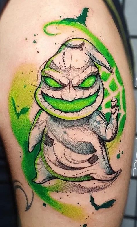 Pumpkin Jack Tattoo, Halloween Based Tattoos, Oggie Boogie Tattoo Design, Nightmare Before Christmas Tattoo Color, Oogy Boogie Tattoo, Dark Disney Tattoos Tim Burton, Cute Oogie Boogie Tattoo, Oogy Boogy Tattoo, Oogie Boogie Tattoos