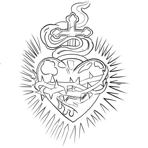 Praying Hands Artwork, Sacred Heart Sketch, Sacred Heart Tattoo Color, Sacred Heart Stencil, Sacred Heart Outline, Jesus Heart Tattoo, Sacred Heart Tattoo Stencil, Tattoo Templates Stencil, Sacred Heart Drawing