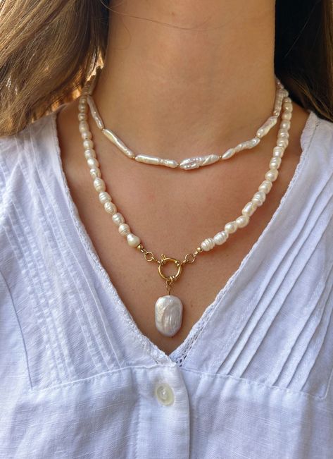 Inspired by the Chelsea Hotel in NYC! This timeless pearl staple necklace is perfect for wearing on its own or layering with your other favorites! Featuring a baroque pearl charm at the end, it adds a touch of unique elegance. Designed to complement any season, you can wear it with a bikini in summer or your favorite sweater in winter. It's one of my all-time favorite pieces to pair with anything and everything--an essential addition to your collection. Made with freshwater pearls and gold-fille Staple Necklace, Chelsea Hotel, Fall Staples, Necklace Ideas, Freshwater Pearl Necklace, Favorite Sweater, Pearl Charms, Freshwater Pearl Necklaces, Handmade Necklace