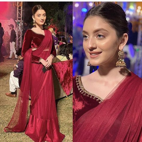 Neha Rajpoot Saree, Maroon Velvet Blouse Designs, Sarees With Velvet Blouse, Designer Sarees Wedding, Fest Outfits, Fancy Sarees Party Wear, Pakistani Fashion Party Wear, Indian Fashion Saree, Saree Designs Party Wear