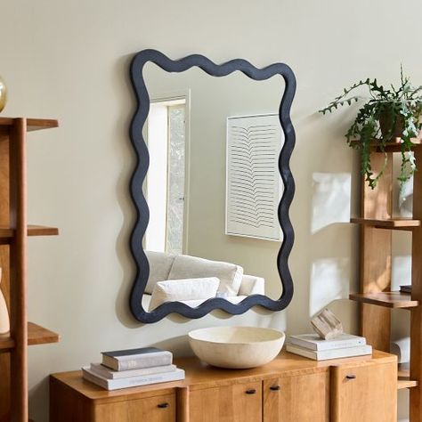 Wall Mirrors | West Elm Wavy Wood, Modular Bookshelves, Wavy Mirror, Modern Mirror Wall, Wood Wall Mirror, Square Mirror, Furniture Trends, Modern Mirror, Kitchen Mirror