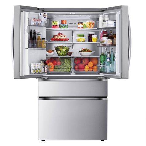 This 4-door Standard-Depth MAX™ refrigerator doesn’t just give you space—it brings a new level of organization, flexibility and style to your kitchen. Sleek flat-panel doors with dual handle design for easy opening add a premium feel. A slam-resistant door design allows the refrigerator doors to close softly and quietly. French doors on top offer easy access to fresh foods, while double drawers below means no more rummaging through stacks of frozen items. The versatile Full-Convert Drawer™ conve 4 Door Fridge, Lg French Door Refrigerator, Refrigerator Doors, Flat Panel Doors, Drawer Divider, Stainless Steel Refrigerator, Tempered Glass Shelves, Drawer Pull Handles, French Door