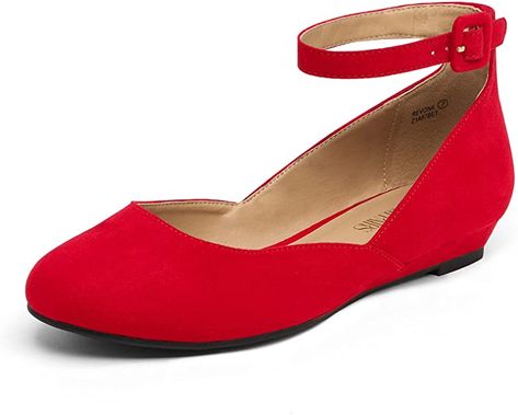 Amazon.com | DREAM PAIRS Women's Revona Red Suede Low Wedge Ankle Strap Flats Shoes - 10 B(M) US | Flats Rockabilly Shoes, Pin Up Shoes, 1940s Shoes, Low Wedge Sandals, Strap Flats, Expensive Shoes, Elegant Heels, Vintage Flats, Ankle Strap Flats