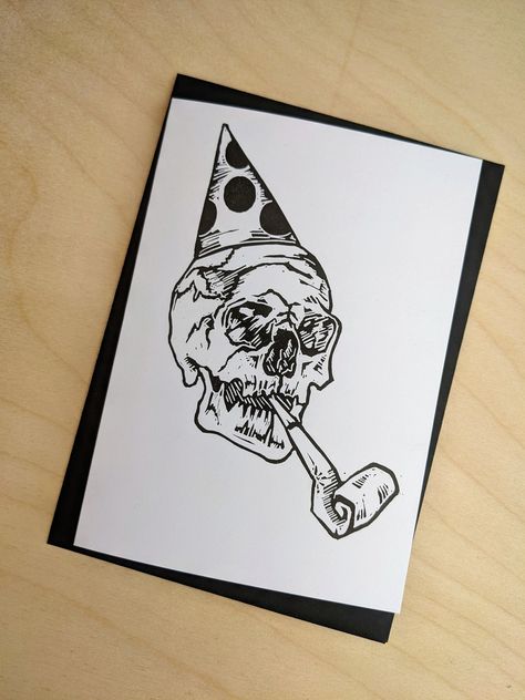 Handprinted alternative Birthday card This cheeky wee fella is armed and ready to party, he's got his party blower and he ain't afraid to use it! Printed from an original lino cut with oil based relief printing ink, on 250gsm white card and supplied with a Black Envelope Horror Birthday Card Ideas, Creepy Birthday Cards, Trippy Birthday Cards, Lino Birthday Card, Emo Birthday Card, 21st Birthday Card Ideas For Guys, Goth Birthday Card, Birthday Card Doodles, Birthday Card Drawings