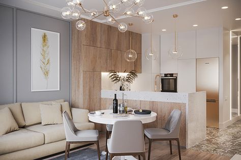 Townhouse on Behance Built In Kitchen Appliances, Sofa Small, Styl Hampton, Arc Design, Beige Sofa, Red Carpets, Small Dining Table, Interior Kitchen, Hamptons Style