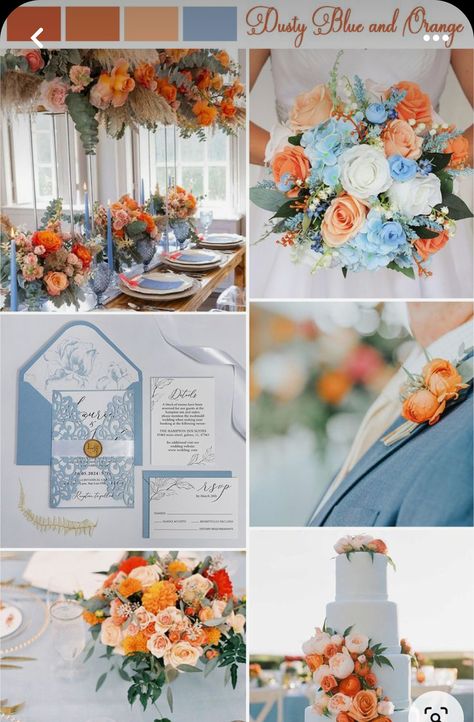 Wedding Theme Orange, Dusty Blue And Orange Wedding, Orange And Blue Wedding, Blue Orange Weddings, Orange Ideas, Wedding Color Schemes Blue, Personalized Wedding Invitations, Orange Wedding Themes, Wedding Theme Color Schemes