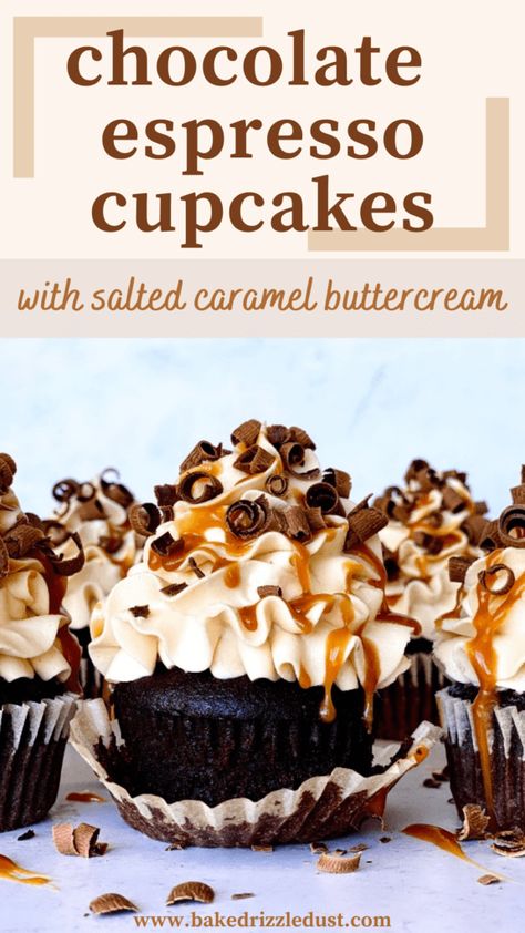 A rich and indulgent chocolate cupcake. Salted caramel buttercream piped into beautiful ruffles. A drizzle of salted caramel followed by a sprinkling of chocolate curls. These truly are the most decadent salted caramel chocolate espresso cupcakes that you can make! // Chocolate Espresso Cupcakes // Salted Caramel Cupcakes // Salted Caramel Frosting // Cupcakes Decoration // Buttercream Frosting Ruffles // Chocolate Espresso Cupcakes With Salted Caramel Buttercream, Chocolate Cream Cupcakes, Salted Caramel Espresso Cupcakes, Chocolate Cupcakes With Caramel Frosting, Caramel Cupcakes Decoration, Chocolate Gourmet Cupcakes, Salted Caramel Pretzel Cupcakes, Salted Caramel Mocha Cake, Interesting Cupcake Recipes