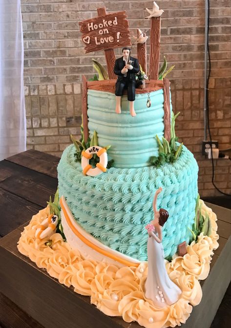 Fishing Theme Wedding Cake, Couple Shower Cake Ideas, Fishing Themed Rehearsal Dinner, Fishing Wedding Theme Ideas, Cake Fishing Theme, Fishing Grooms Cake, Fishing Wedding Cake, Fishing Wedding Cakes, Fishing Theme Cake