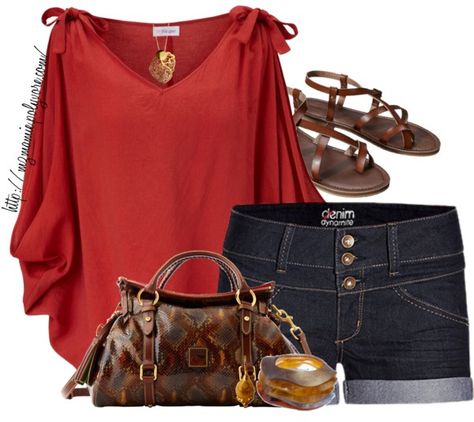 "Untitled #750" by mzmamie on Polyvore Longer Shorts, Short Jean Shorts, Summer Shorts Outfits, Short Jean, Denim Capris, Tie Sleeve, Reddish Brown, Diva Fashion, Summer Night