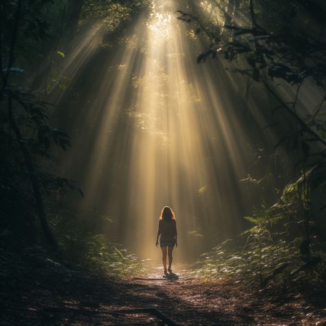 Woman walking on trail in forest with beams of light - Digital Art Forest Walks Aesthetic, Walking Through Forest, Light Digital Art, Walking In A Forest, Woman In The Forest, Walking In Forest, Beams Of Light, Walk In The Forest, Forest Drawing