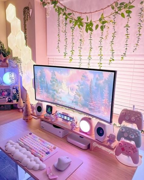 All Posts • Instagram Kawaii Computer Setup, Desk Setup Gaming, Bedroom Gamer, Desk Setup Ideas, Game Room Ideas, Gamer Aesthetic, Games Room Inspiration, Gaming Rooms, Dreamy Decor