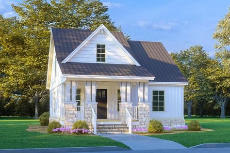 2-Story 3-Bedroom 1250 Square Foot Cottage House with 8'-Deep Front Porch (House Plan) Cottage House Plans One Story Open Floor, Cute Small Homes, Spanish Cottage, Cottage Remodel, Small Cottage House Plans, Southern Style House Plans, Retirement House, Small Cottage Homes, Houses Design