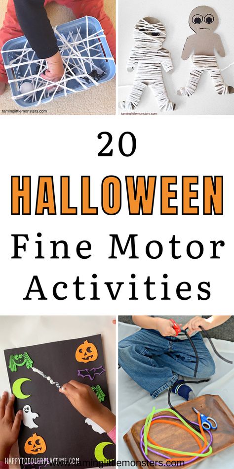 20 Halloween Fine Motor Activities for Kids. Fun and easy Halloween themed play ideas that will help toddlers, preschoolers and kindergartners to develop their fine motor skills. #halloween #finemotor #toddlers #preschool #kindergarten Halloween Fine Motor Activities, Halloween Fine Motor, Spider Activities, Halloween Activities For Toddlers, Halloween Activities Preschool, Halloween Centers, Halloween Kindergarten, Fine Motor Activities For Kids, Halloween Parade