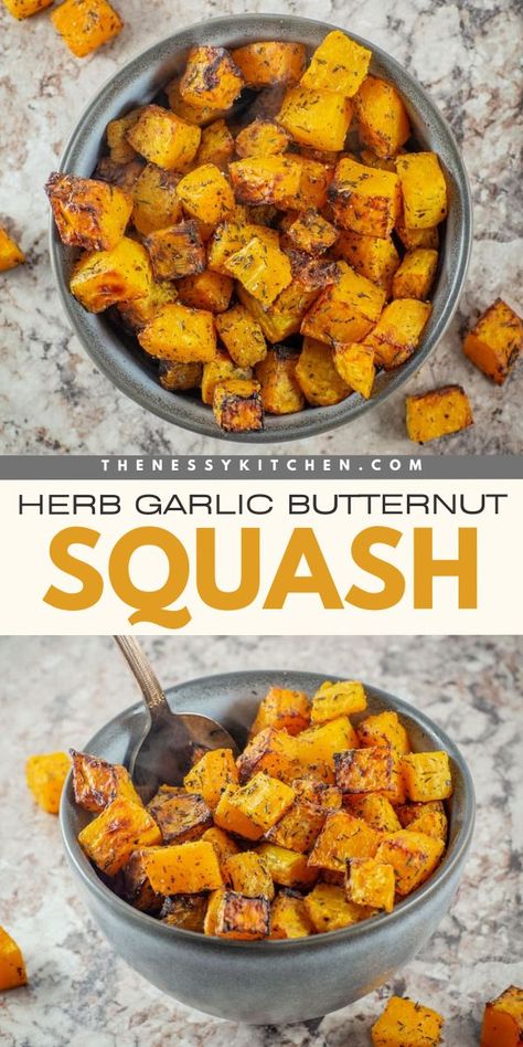 An easy vegetable side dish in under 30 minutes! It's a healthy, delicious veggie recipe using butternut squash cubes. Not only is this air fryer butternut squash tender with a crispy exterior, but they are also perfectly seasoned with garlic and herbs! Stir Fry Butternut Squash, Air Fryer Butternut Squash Cubes, Pan Fried Butternut Squash, Butternut Squash Recipes Oven, Cubed Butternut Squash Recipes, Roasted Butternut Squash Recipes, Squash Air Fryer, Garlic Butternut Squash, Cooked Squash